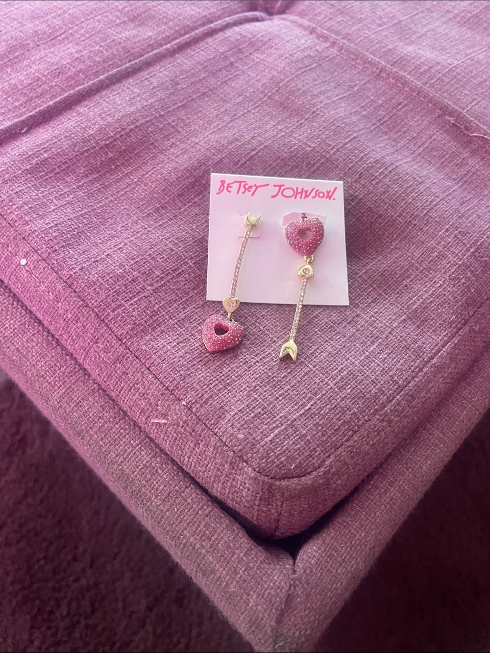 Betsey Johnson Pink Glitter Heart and Arrow Drop Earrings